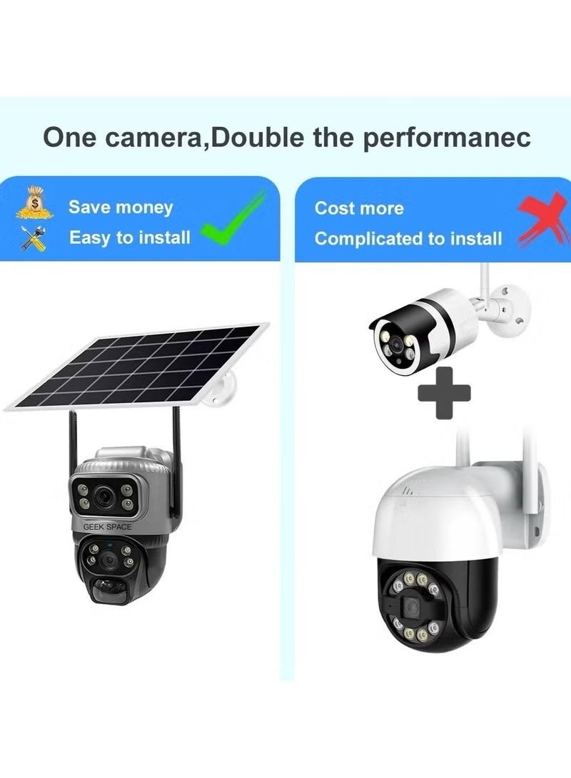 في 380 كاميرا مراقبة تعمل بالطاقة الشمسية بتقنية الجيل الرابع، مزودة بعدسة مزدوجة للمراقبة الخارجية عبر شريحة SIM بتقنية الجيل الرابع، وكاميرا PTZ IP بدقة 2K، ورؤية ليلية ملونة، وخاصية كشف الحركة، وصوت ثنائي الاتجاه، ومقاومة للماء والغبار بمعيار IP66، وإمكانية التخزين على بطاقة SD أو السحابة. - Image 4